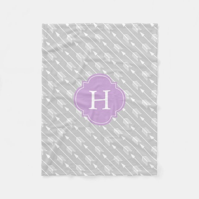 Grey and Lavender Monogrammed Arrows Pattern Fleece Blanket (Front)