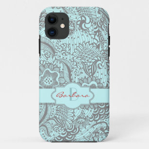 Grey And Light Blue Abstract Floral Monogram iPhone 11 Case