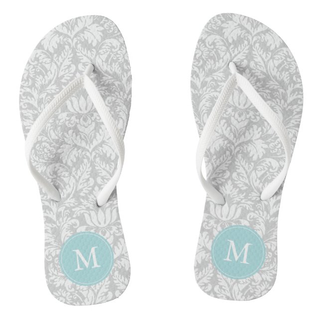 Grey and Light Blue Damask Pattern Monogrammed Flip Flops (Footbed)