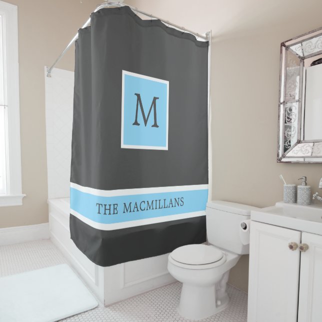 Grey and Light Blue Monogram with Stripes  Shower  Curtain (In Situ)