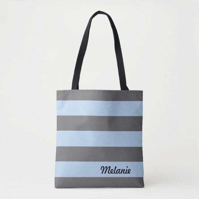 Grey and Light Blue Stripes Tote Bag (Front)
