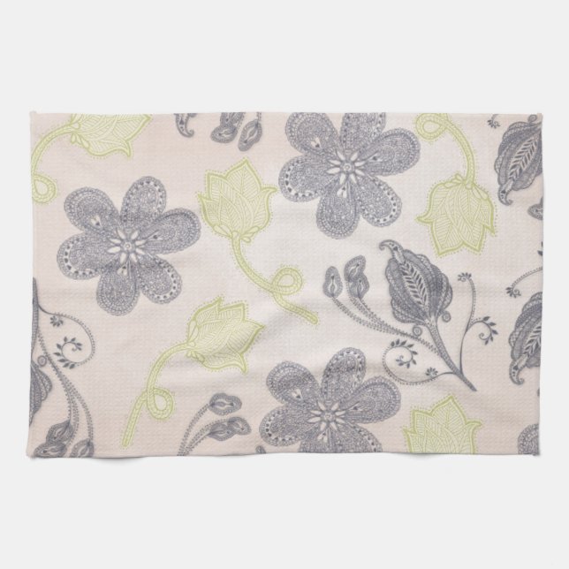 Grey And Light Green Paisley Tea Towel (Horizontal)