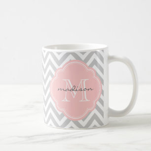 Grey and Light Pink Chevron Custom Monogram Coffee Mug