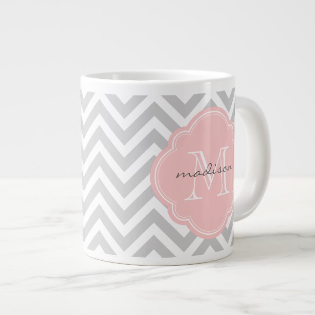Grey and Light Pink Chevron Custom Monogram Large Coffee Mug (Front Right)