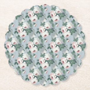 Grey and Light Pink Rose Pattern Retro / Vintage Paper Coaster