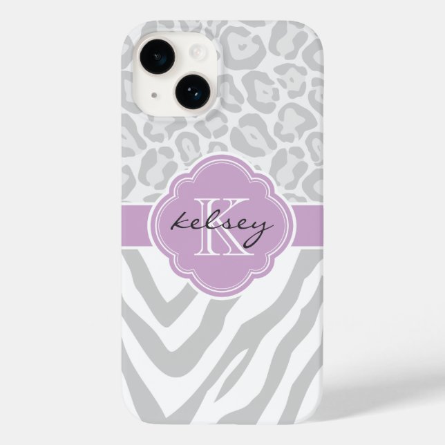 Grey and Lilac Animal Print Monogram Case-Mate iPhone Case (Back)