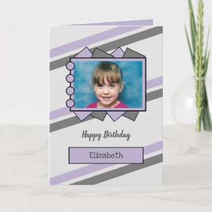 Grey and lilac photo and name kids birthday card
