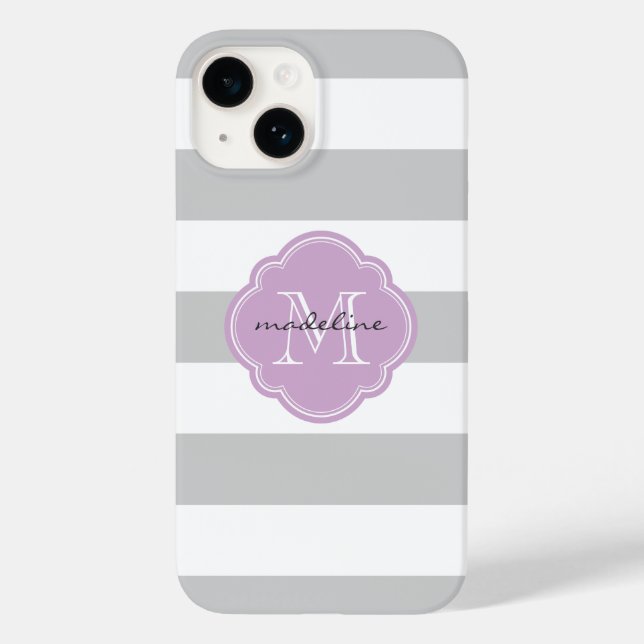 Grey and Lilac Purple Wide Stripes Custom Monogram Case-Mate iPhone Case (Back)