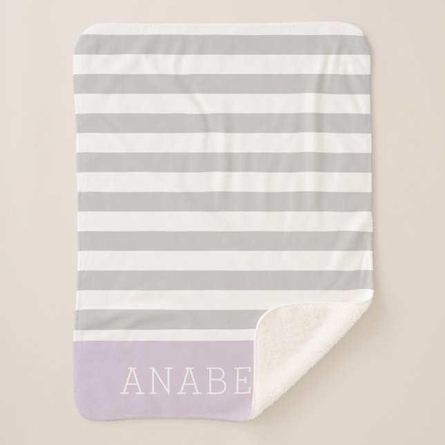 Grey and Lilac Stripes Monogram | Editable Colours Sherpa Blanket (Front)
