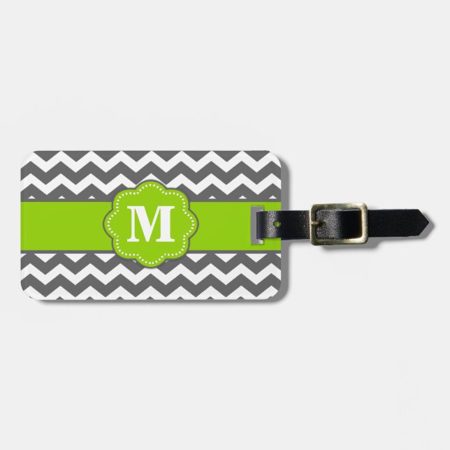 Grey and Lime Chevron Monoagram Luggage Tag (Front Horizontal)
