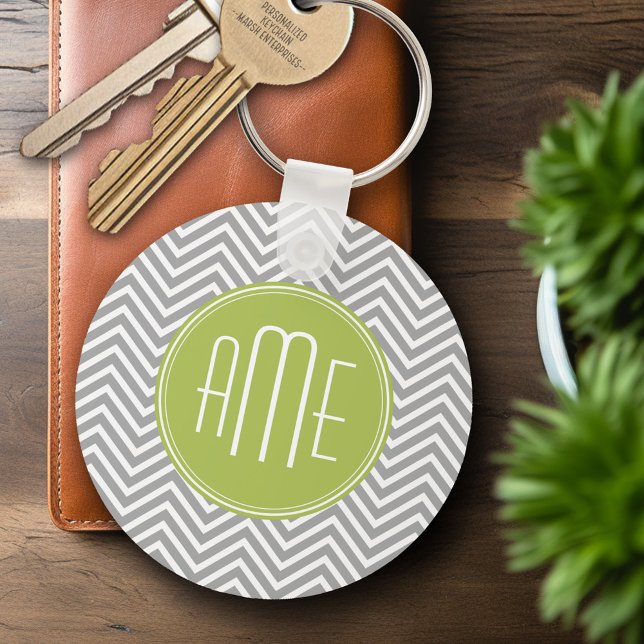 Grey and Lime Chevrons with Custom Monogram Key Ring (Personalized Keychain - Add Name or Monogram)