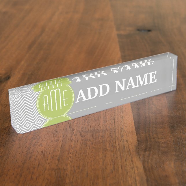 Grey and Lime Chevrons with Custom Monogram Nameplate (Side)