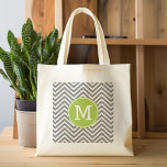 Grey and Lime Chevrons with Custom Monogram Tote Bag<br><div class="desc">A bold art deco design in fresh,  cheerful colours. If you need to adjust the monograms,  click on the customise it button and make changes.</div>