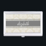 Grey and Linen Vintage Damask Pattern with Name Business Card Holder<br><div class="desc">Show off your style with an elegant pattern with a classy font designed for a feminine woman. Add your name or monogram. If you need to make adjustments to the artwork,  click on the customise it button to make changes.</div>