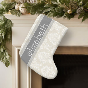 Grey and Linen Vintage Damask Pattern with Name Small Christmas Stocking