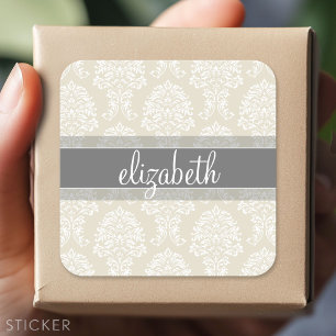 Grey and Linen Vintage Damask Pattern with Name Square Sticker