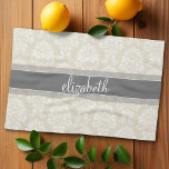 Grey and Linen Vintage Damask Pattern with Name Tea Towel<br><div class="desc">An elegant pattern with a classy font designed for a feminine woman. Add your name or monogram. If you need to make adjustments to the artwork,  click on the customise it button to make changes.</div>