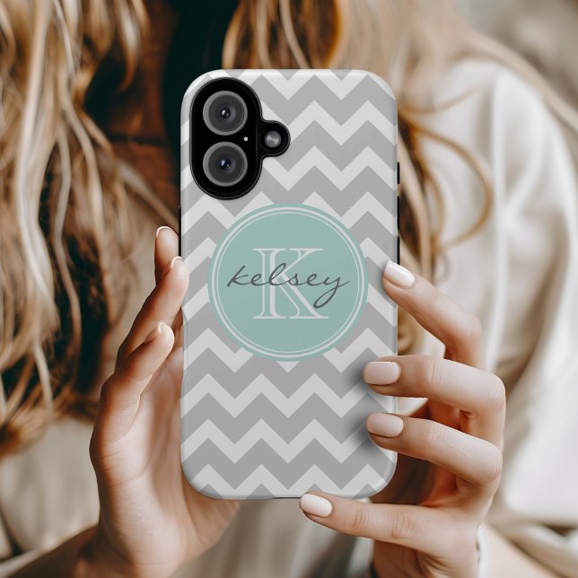Grey and Mint Chevron Custom Monogram Case-Mate iPhone Case (Creator Uploaded)