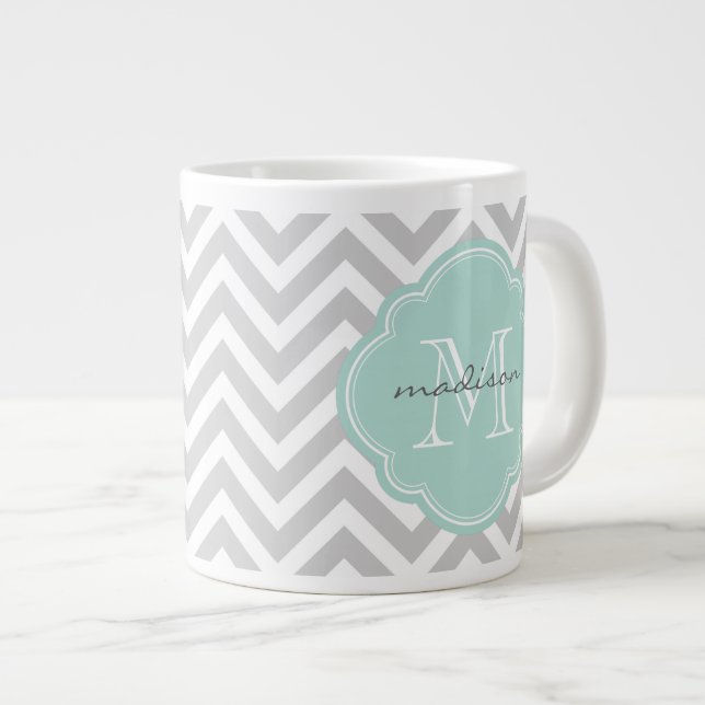 Grey and Mint Chevron Custom Monogram Large Coffee Mug (Front Right)