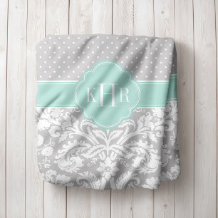 Grey and Mint Damask Polka Dots Monogram Fleece Blanket