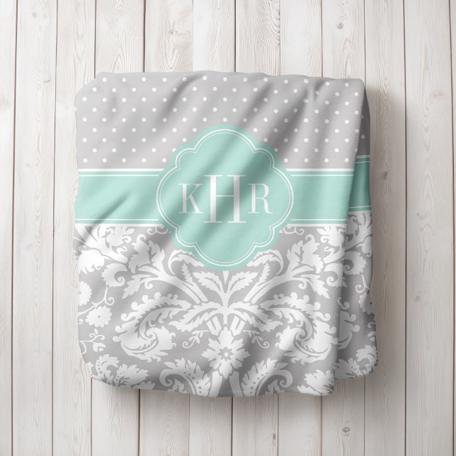 Grey and Mint Damask Polka Dots Monogram Fleece Blanket (Creator Uploaded)