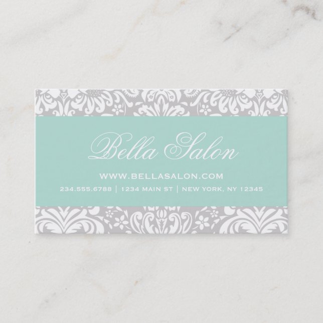 Grey and Mint Elegant Floral Damask Business Card (Front)