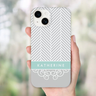 Grey and Mint Herringbone Swirl Custom Monogram Case-Mate iPhone 14 Case