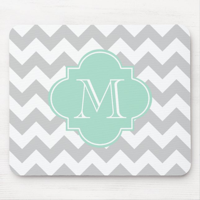 Grey and Mint Modern Chevron Custom Monogram Mouse Mat (Front)