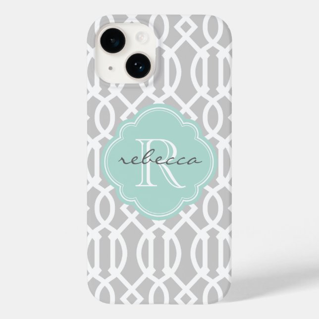Grey and Mint Modern Trellis Custom Monogram Case-Mate iPhone Case (Back)