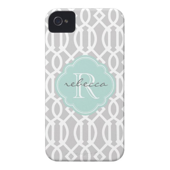 Grey and Mint Modern Trellis Custom Monogram iPhone 4 Case