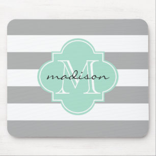 Grey and Mint Nautical Stripes Custom Monogram Mouse Mat