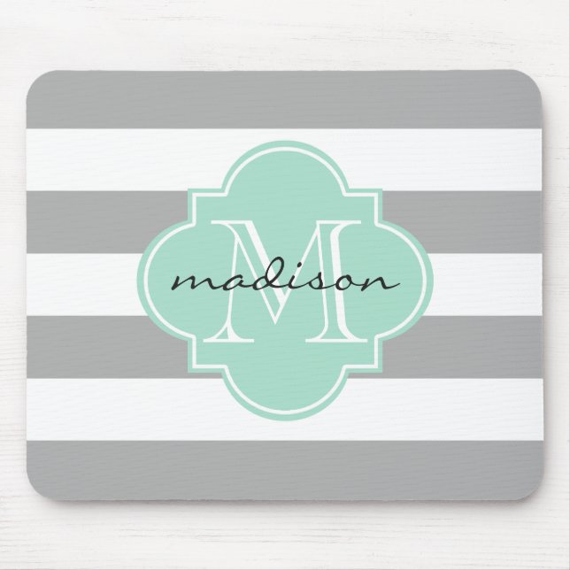 Grey and Mint Nautical Stripes Custom Monogram Mouse Mat (Front)