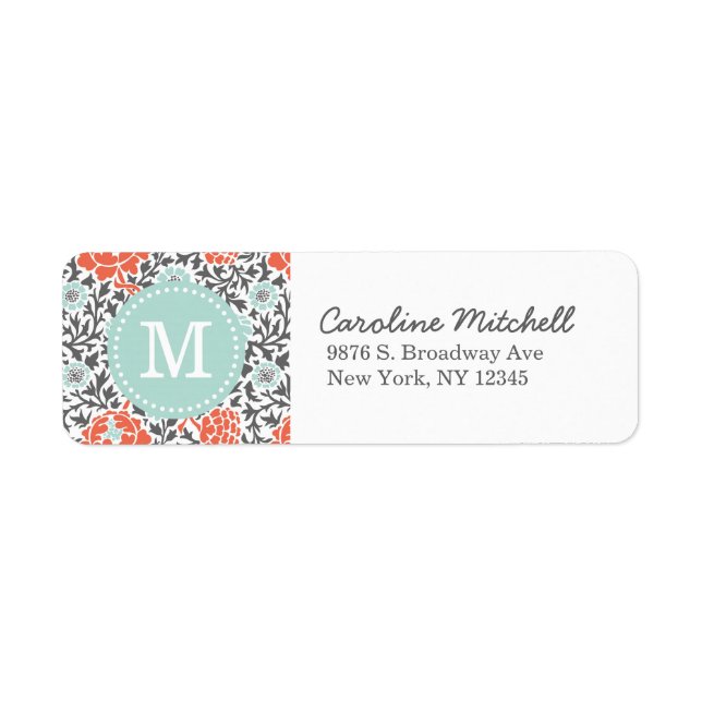 Grey and Mint Retro Floral Damask Custom Monogram (Front)