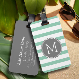 Grey and Mint Striped Pattern with Monogram Luggage Tag