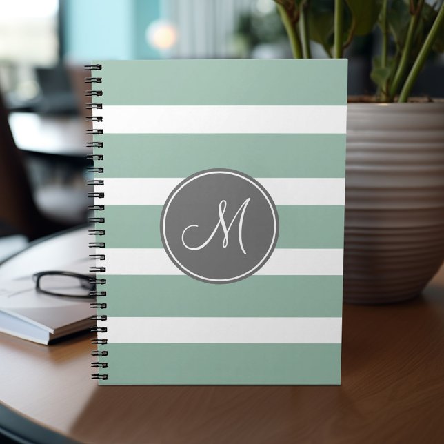 Grey and Mint Striped Pattern with Monogram Notebook (Personalized notebook - add your name or other text)