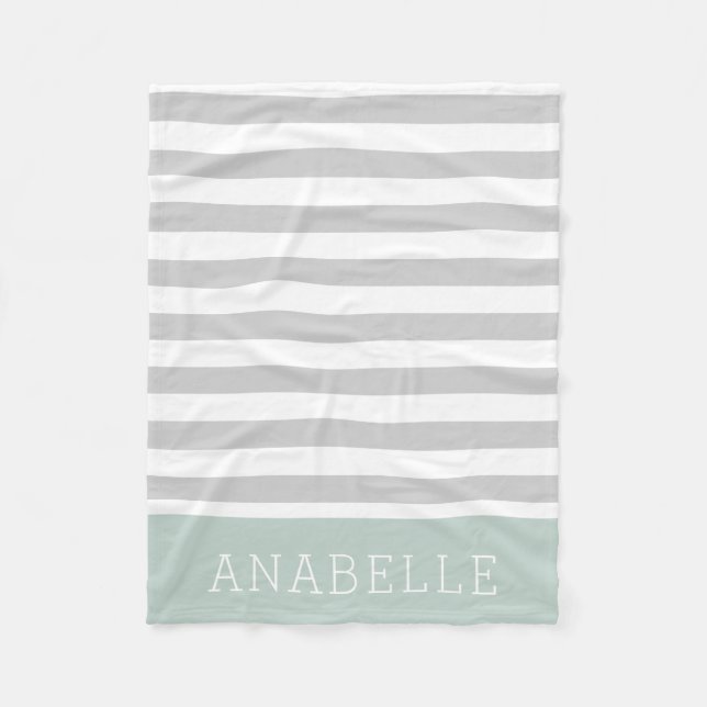 Grey and Mint Stripes Monogram | Editable Colours Fleece Blanket (Front)