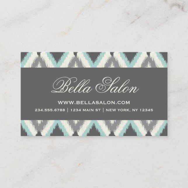 Grey and Mint Tribal Ikat Chevron Business Card (Front)