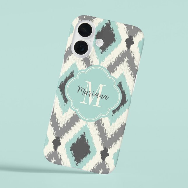 Grey and Mint Tribal Ikat Chevron Monogram Case-Mate iPhone Case (Creator Uploaded)