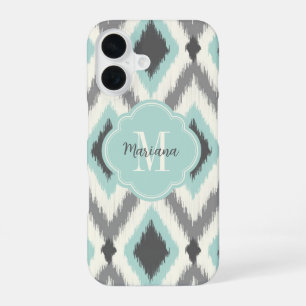 Grey and Mint Tribal Ikat Chevron Monogram iPhone 16 Case