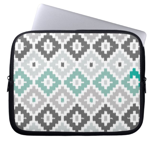 Grey and Mint Tribal Print Ikat Diamond Pattern Laptop Sleeve (Front)