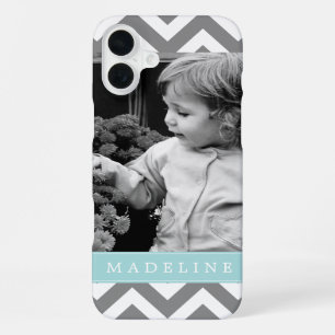Grey and Mint Zigzags Personalised Photo iPhone 16 Plus Case