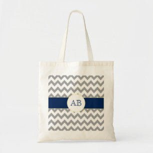Grey and Navy Blue Chevron Striped Monogram Bag