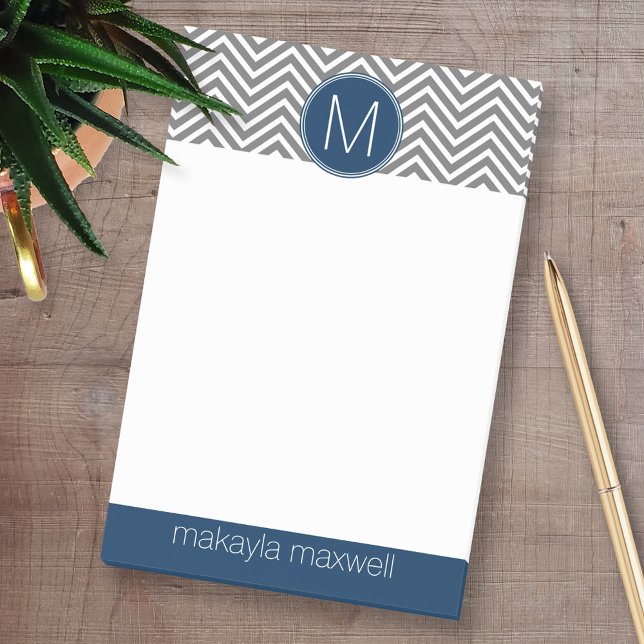 Grey and Navy Blue Chevrons with Single Monogram Post-it Notes (Custom Post-it Note Pads - Add your name and other text)