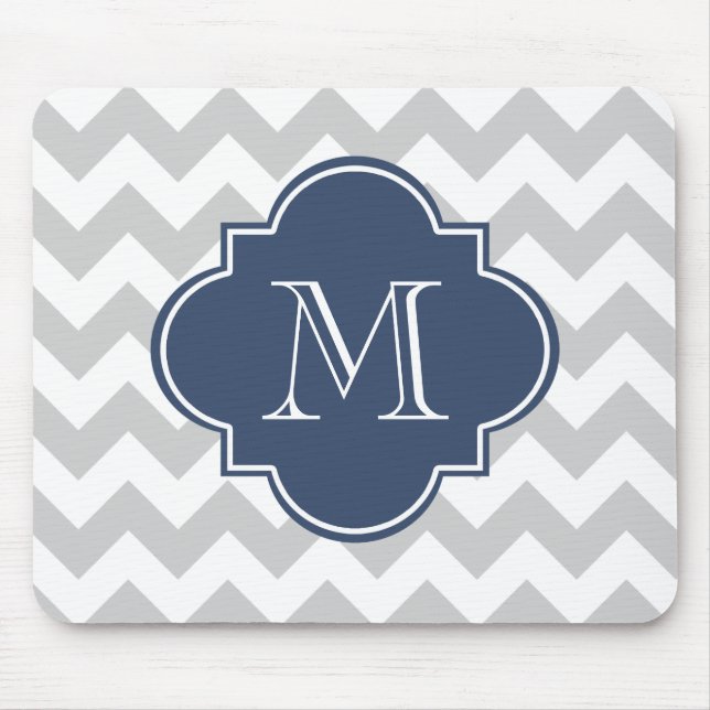 Grey and Navy Blue Modern Chevron Custom Monogram Mouse Mat (Front)