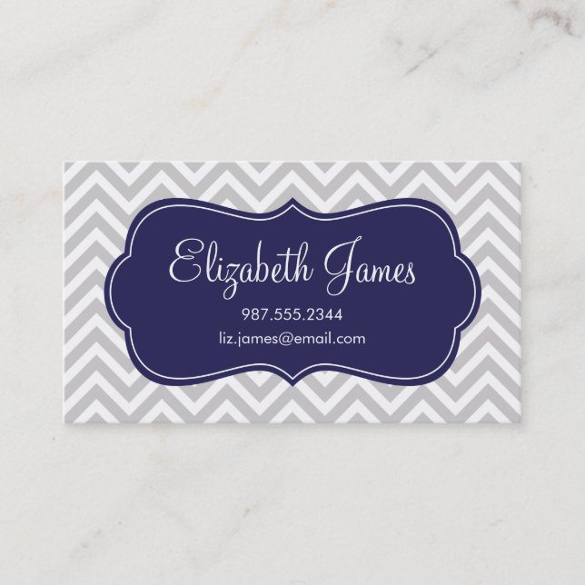 Grey and Navy Blue Modern Chevron Stripes Business Card (Front)