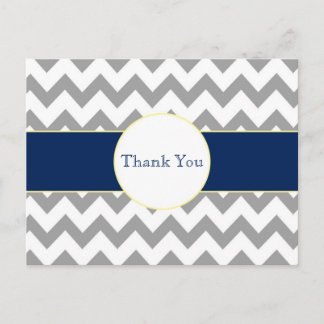Grey and Navy Chevron Striped Thank You Postcard