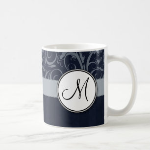 Grey and Navy Floral Wisps & Stripes with Monogram Coffee Mug