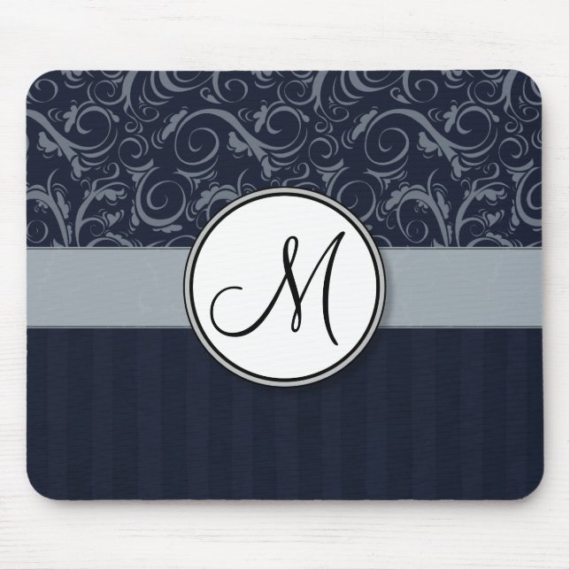 Grey and Navy Floral Wisps & Stripes with Monogram Mouse Mat (Front)