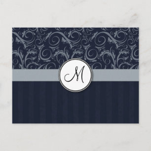 Grey and Navy Floral Wisps & Stripes with Monogram Postcard