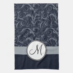 Grey and Navy Floral Wisps & Stripes with Monogram Tea Towel